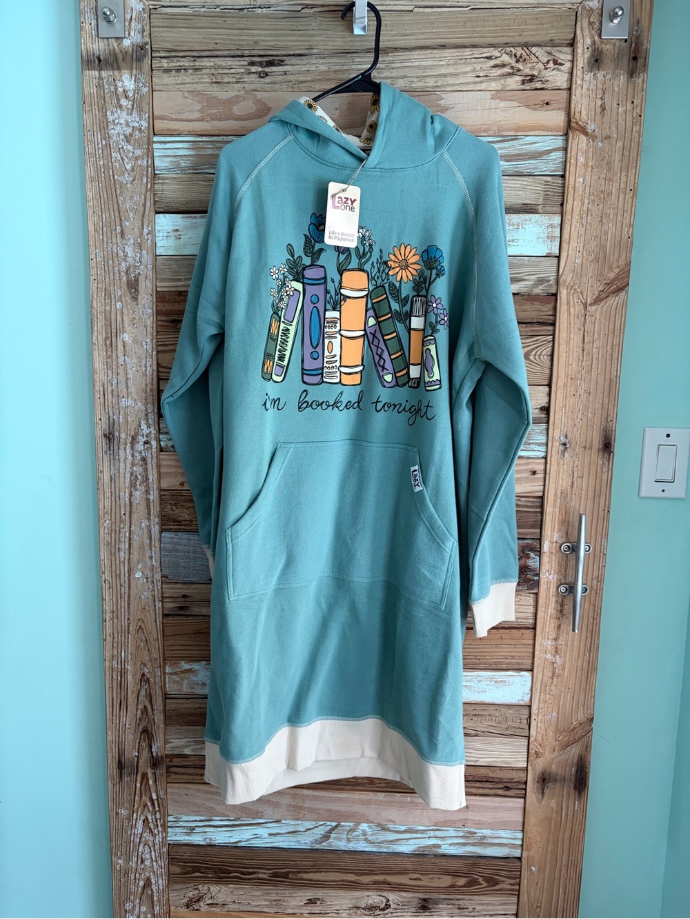 WT LazyOne “Booked Tonight” Sleep Hoodie S/M Teal Oversized Lounge Dress